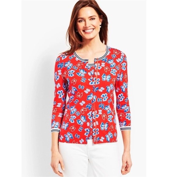 Talbots Butterfly Charming Cardigan Red White Blue - Picture 1 of 8